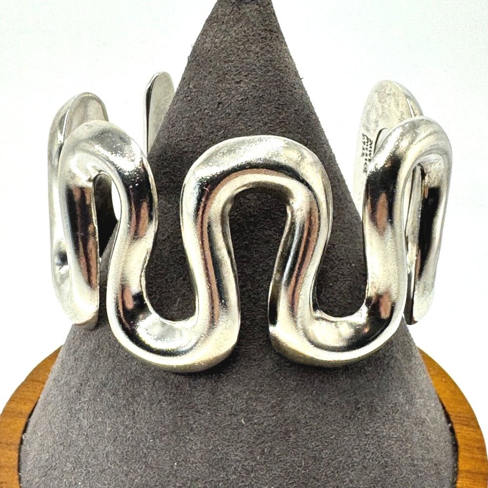 VTG Sterling Silver 925 Wave Design Modernist Cuff Bracelet Size 7.5" Fit